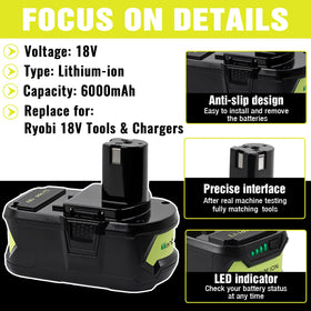TenHutt battery pack for Ryobi 18V ONE+ enhances cordless tool compatibility.