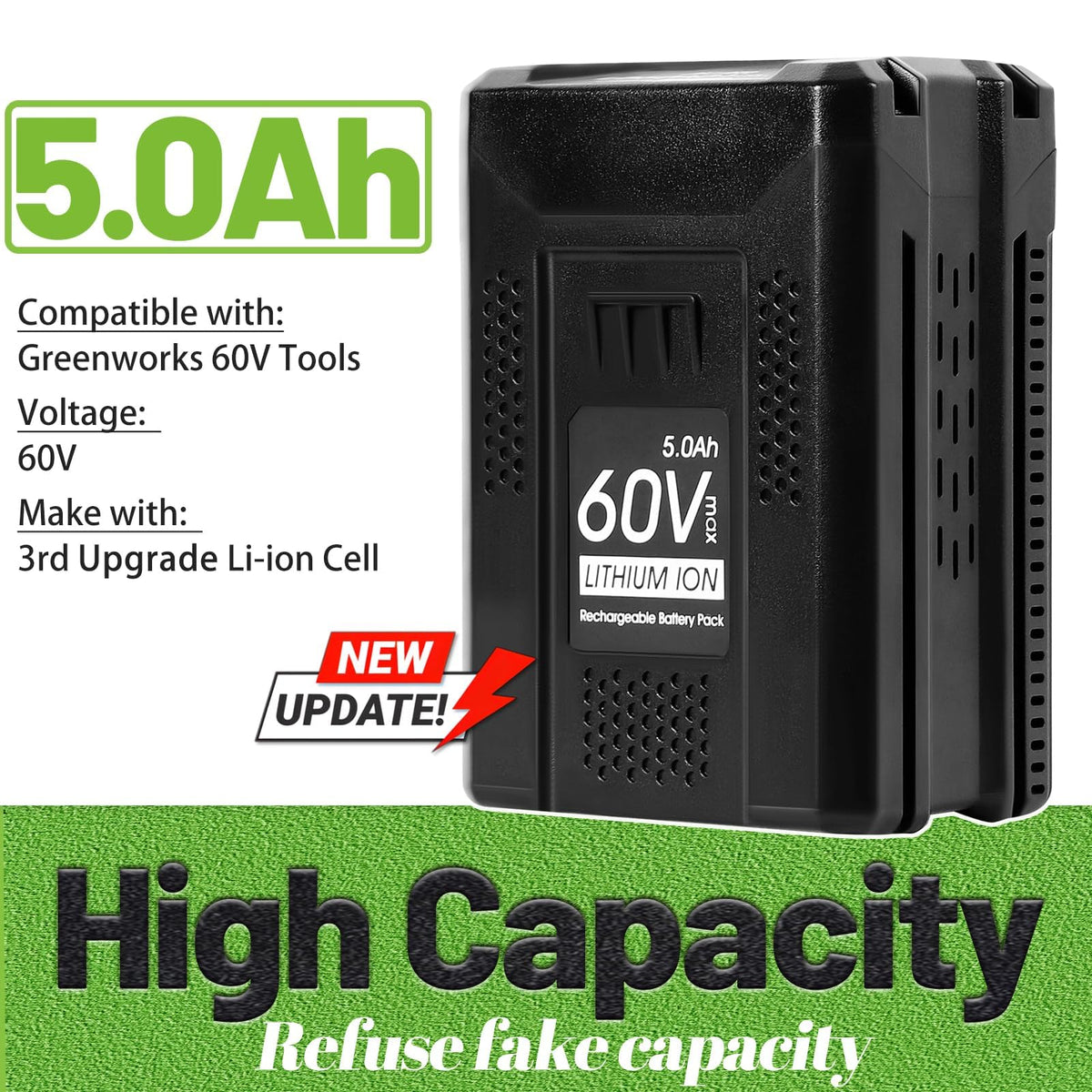 TenHutt Greenworks 60V compatible battery front view with seamless fit.