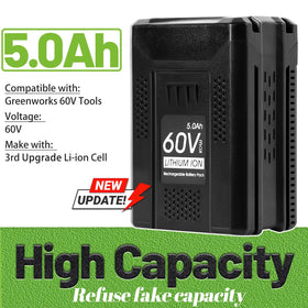 TenHutt Greenworks 60V compatible battery front view with seamless fit.