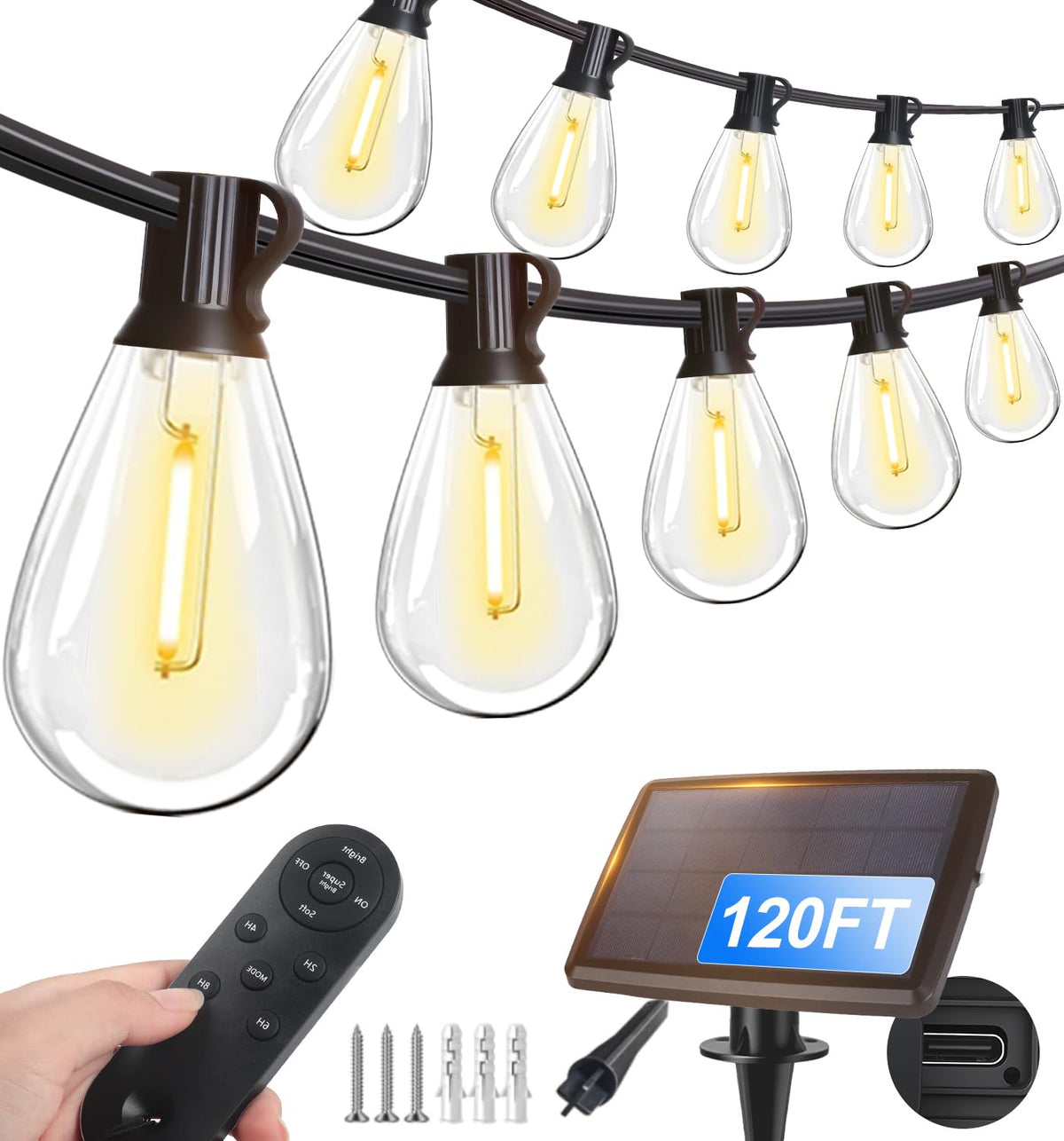 Tenmiro 120ft solar outdoor string lights with remote for easy evening ambiance