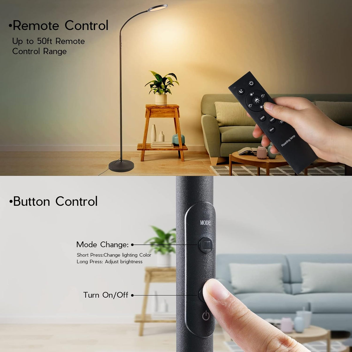 Tenmiro floor lamp showing four color temperatures for customizable mood.