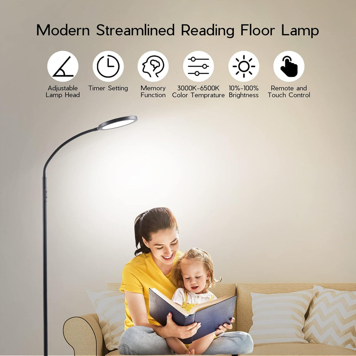Tenmiro modern floor lamp design suits living room, study, or bedroom.
