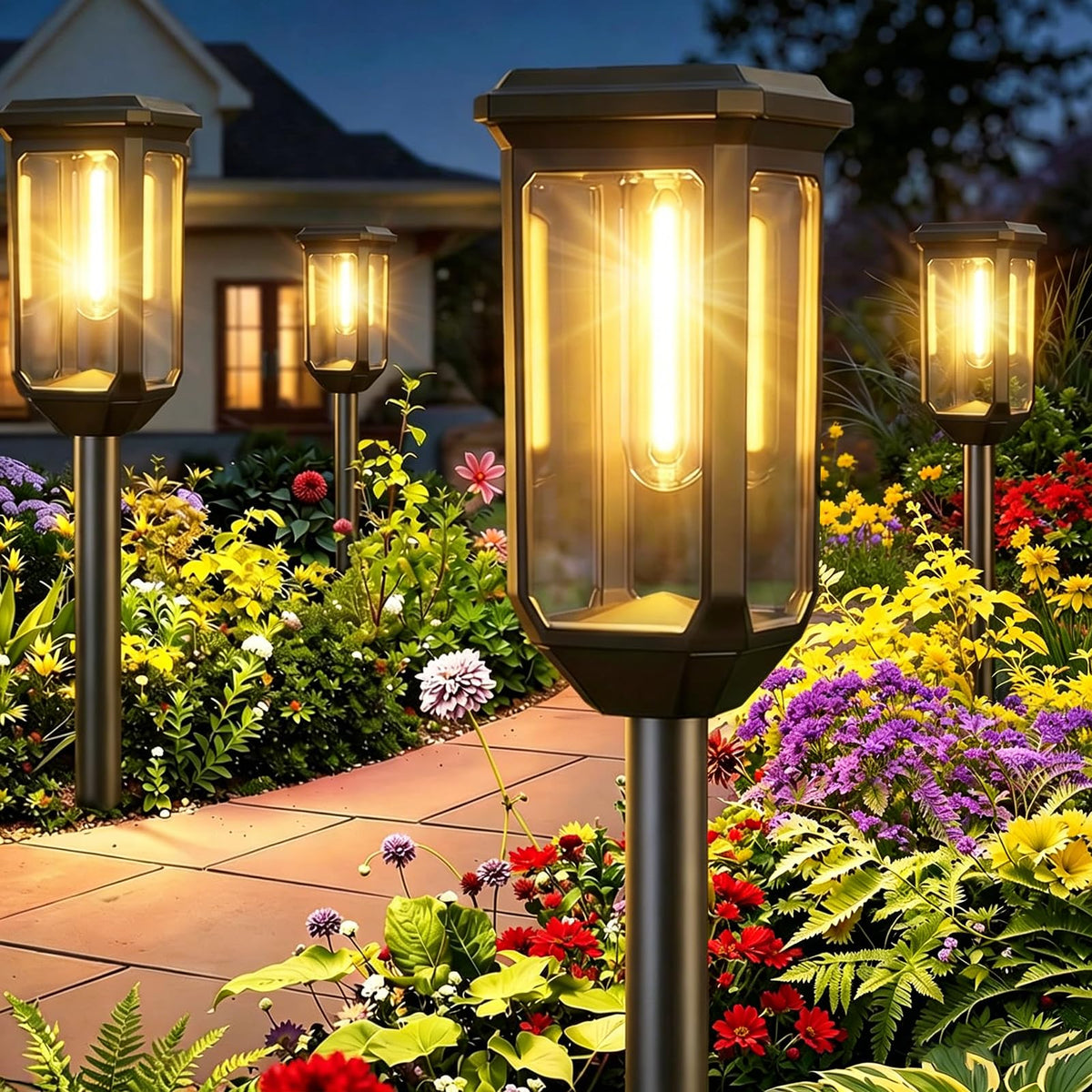 Tenmiro solar pathway lights assembled on the ground for even perimeter lighting