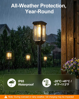 Tenmiro solar pathway light illuminates a garden bed with warm 3000K glow