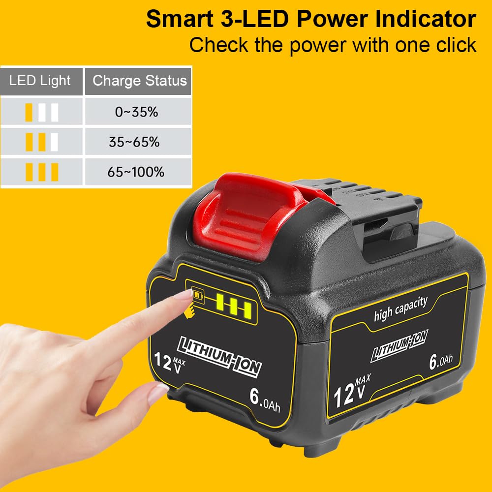 TENMOER 6.0Ah DeWalt 12V battery with LED gauge for power monitoring