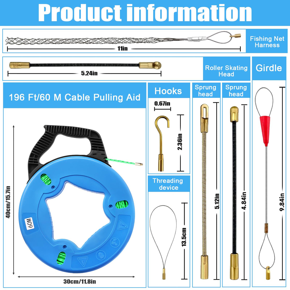 Teodute fish tape with 7 leader tips ready for pipe navigation.