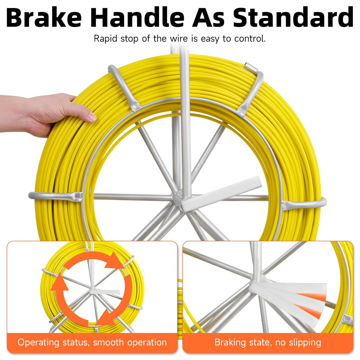 Teodute fish tape with handbrake offers controlled, smooth wire pulling.