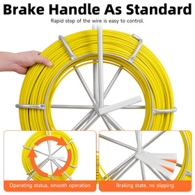 Teodute fish tape with handbrake offers controlled, smooth wire pulling.