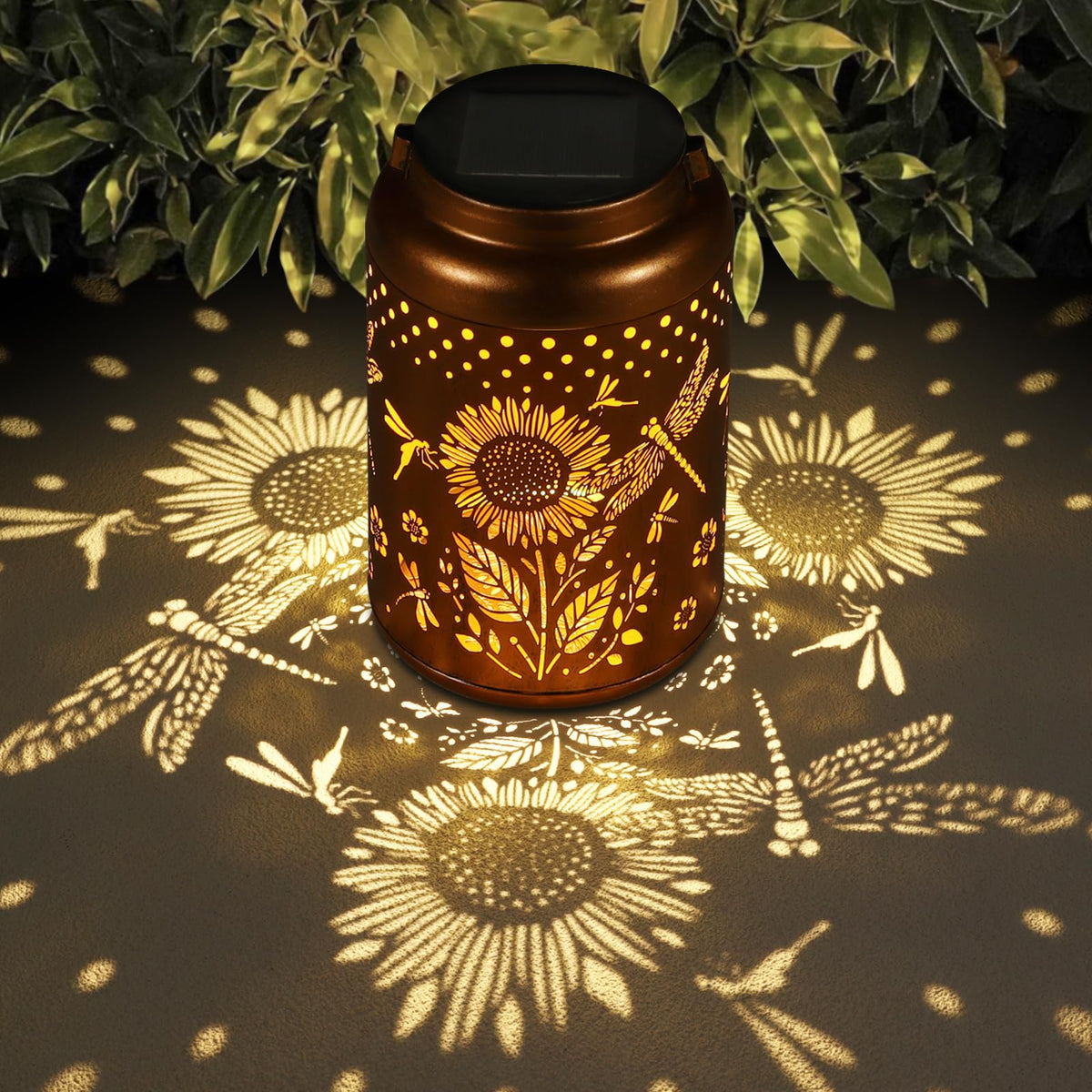 Tepaken Dragonfly and Sunflower solar lantern glow warmly for cozy garden evenings.