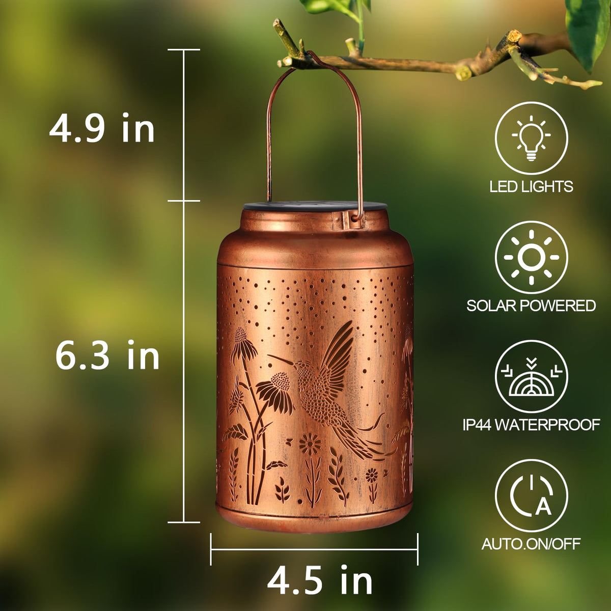 Tepaken solar lantern with gold copper finish enhances porch decor.