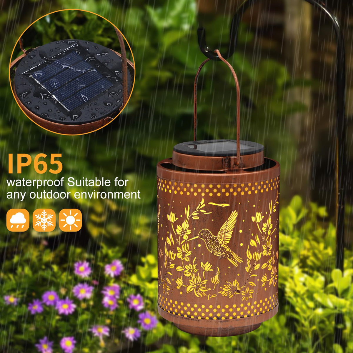 Tepaken LED solar lantern on tree or table for ambient outdoor lighting.