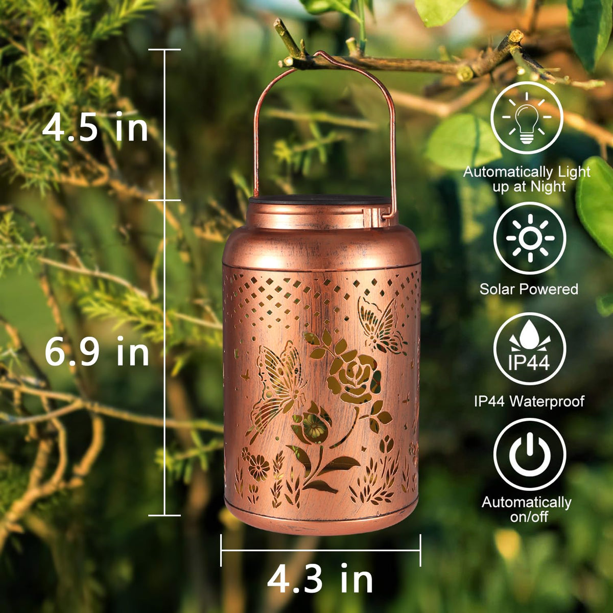 Tepaken Rose Butterfly lantern showing IP65 weatherproof design outdoors.