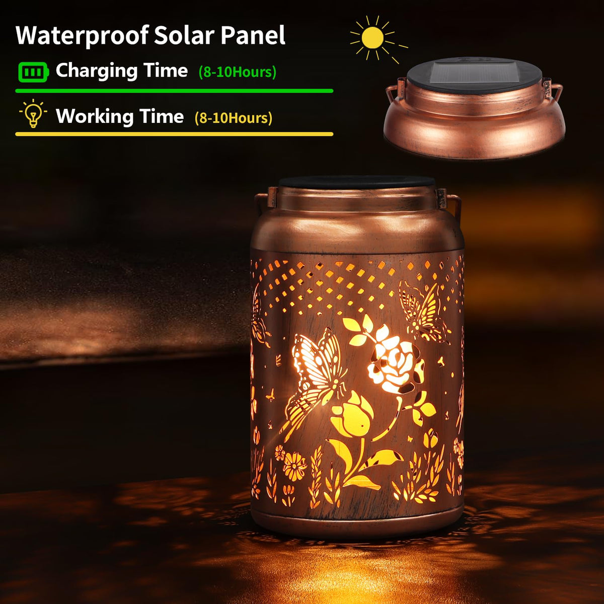 Tepaken Rose Butterfly lantern on a table for cozy outdoor lighting.