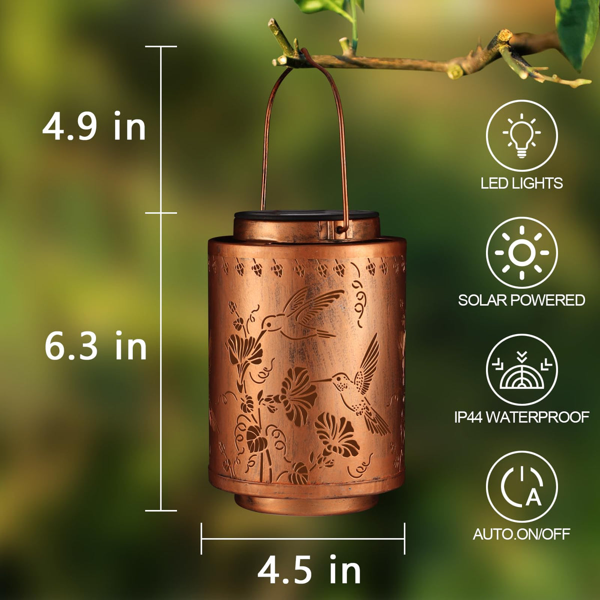 Tepaken solar lantern gold copper metal frame adds durable garden decor.