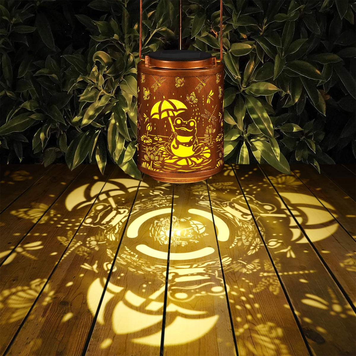 Tepaken solar panel lantern lights up automatically after dusk along yards.