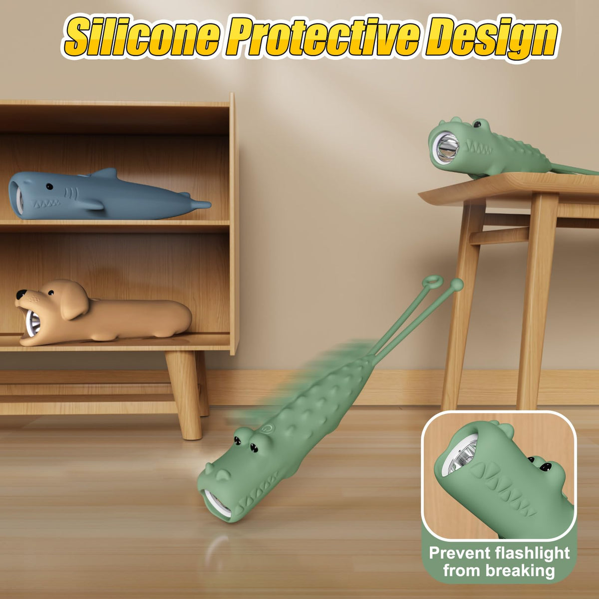 Tepreswes crocodile kids flashlight side view, compact and comfortable for little hands.