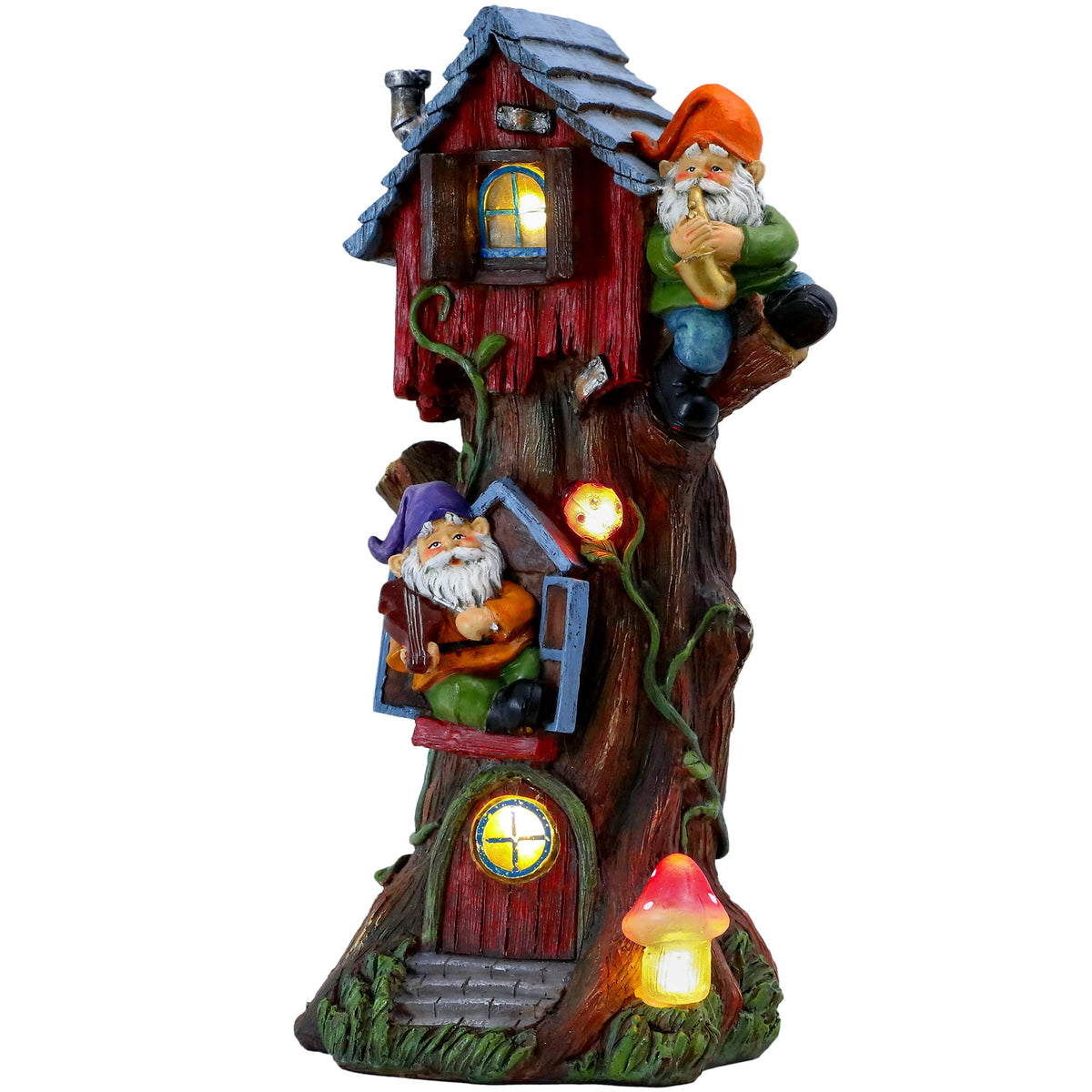 Teresa's Collections 11-inch gnome treehouse with solar light enhances garden ambiance
