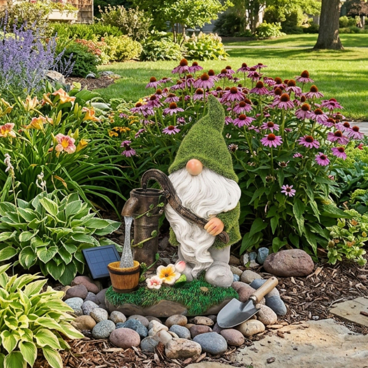 TERESA'S COLLECTIONS solar powered gnome lights up at night for soft patio illumination.