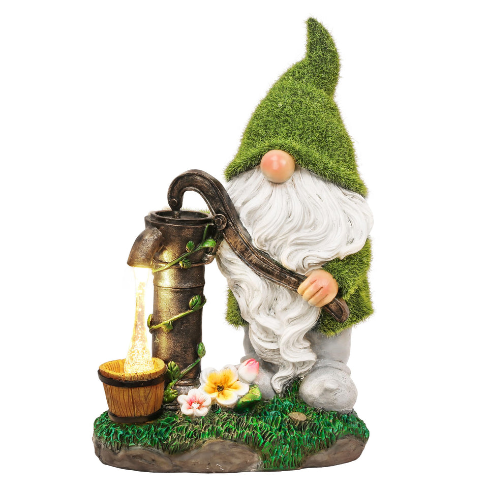 TERESA'S COLLECTIONS garden gnome water-well with flowing water provides warm outdoor ambiance.
