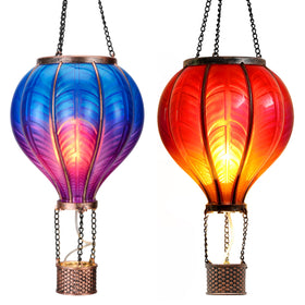 TERESA'S COLLECTIONS hot air balloon solar lantern in blue, purple, and red adds outdoor charm