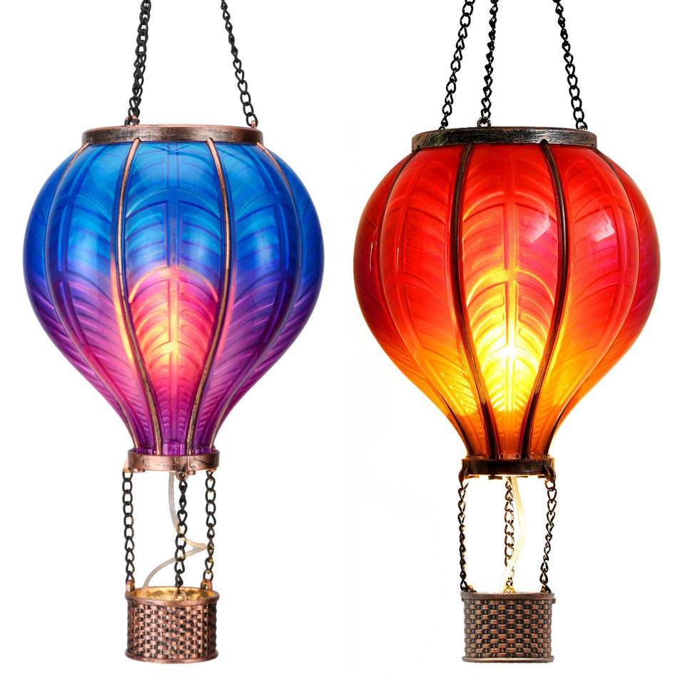 TERESA'S COLLECTIONS hot air balloon solar lantern in blue, purple, and red adds outdoor charm