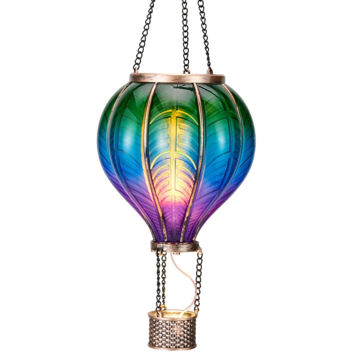 Teresa's Collections hot air balloon solar lantern dusk glow enhances outdoor ambiance.