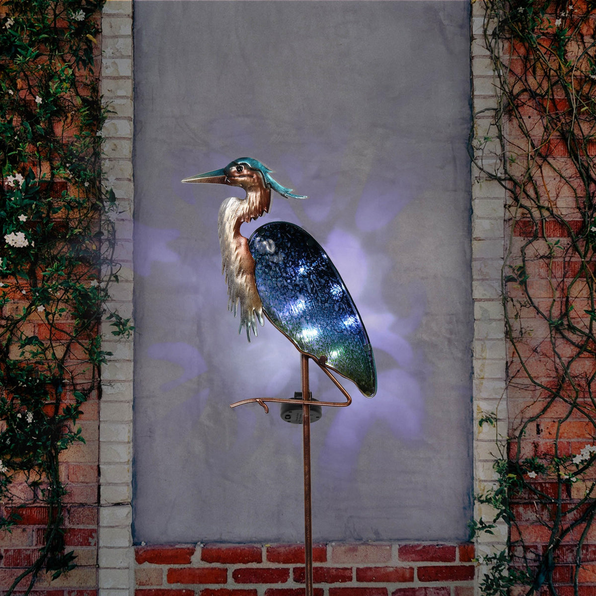 Teresa's Collections blue heron light creates a welcoming nighttime ambience.