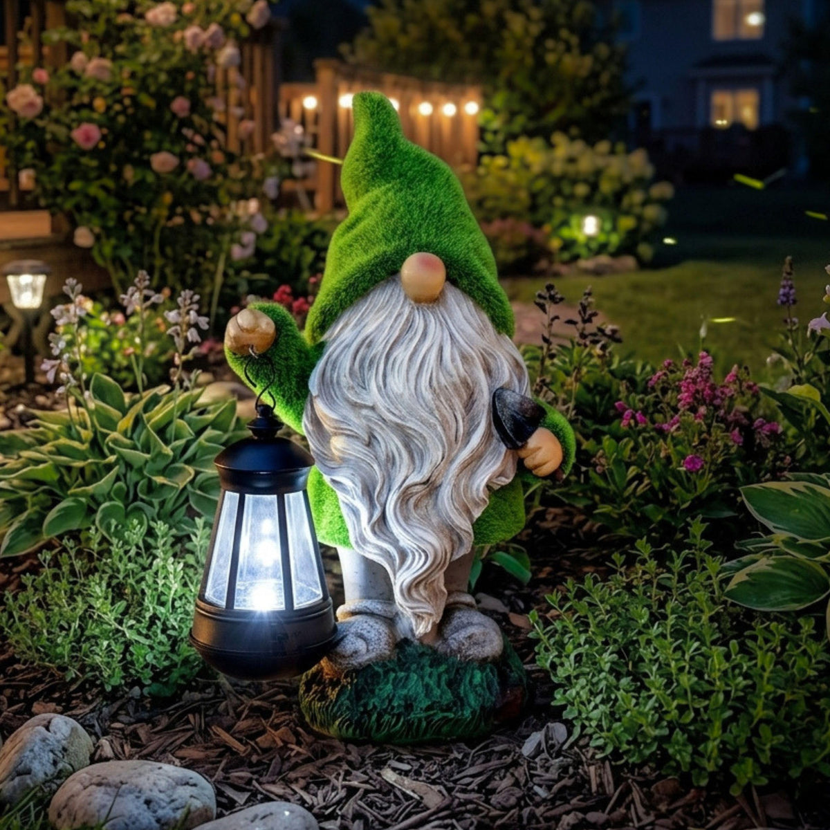 TERESA'S COLLECTIONS garden gnome on front porch enhances yard charm and welcome.