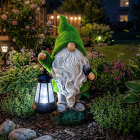 TERESA'S COLLECTIONS garden gnome on front porch enhances yard charm and welcome.