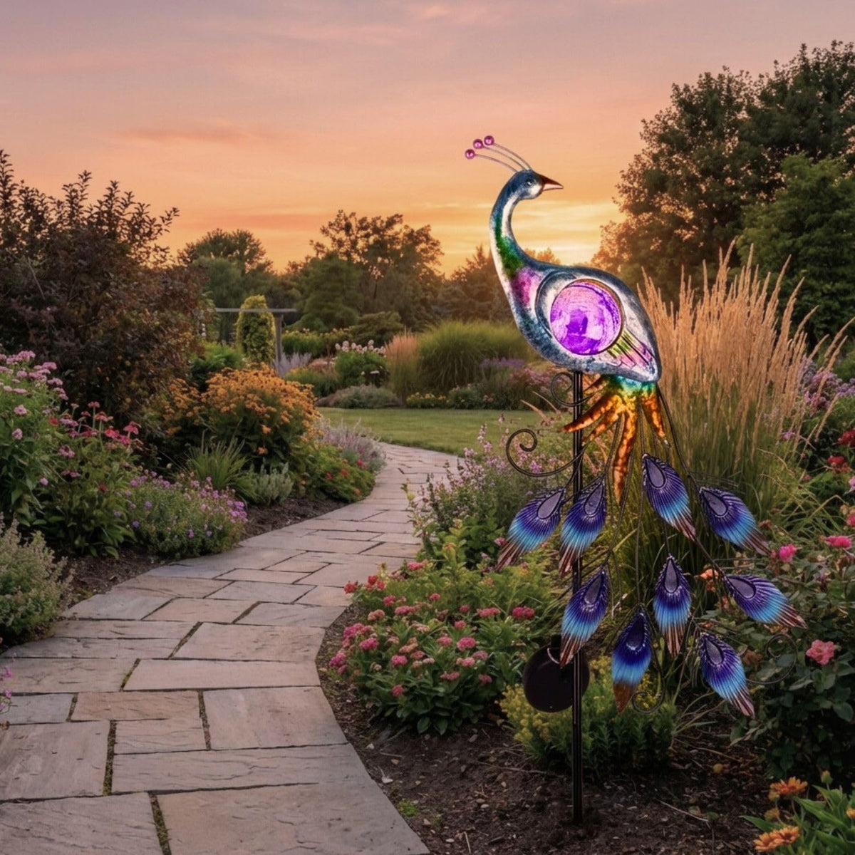 Teresa's Collections peacock garden stake adds vibrant color along lawn and pathways