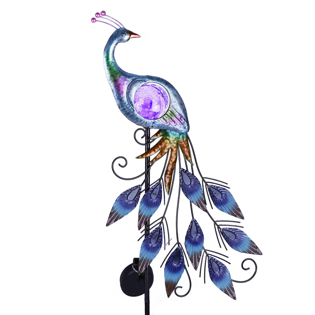 Teresa's Collections peacock solar light with purple crackle ball brightens outdoor evenings