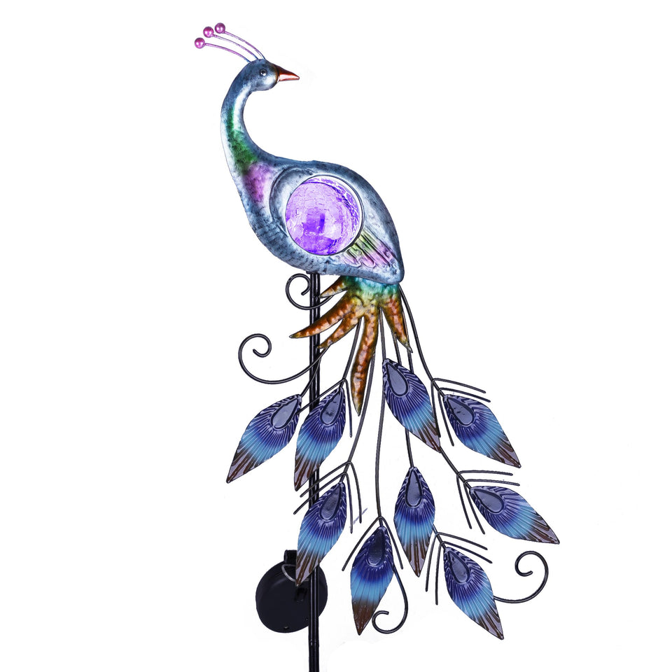 Teresa's Collections peacock solar light with purple crackle ball brightens outdoor evenings