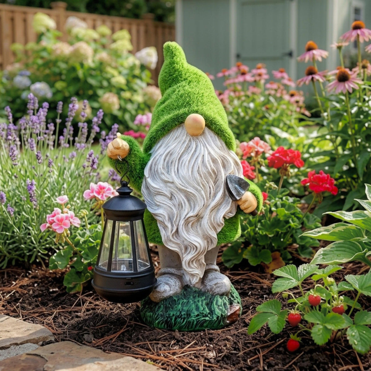TERESA'S COLLECTIONS solar-powered gnome light shines after dusk for outdoor ambiance.