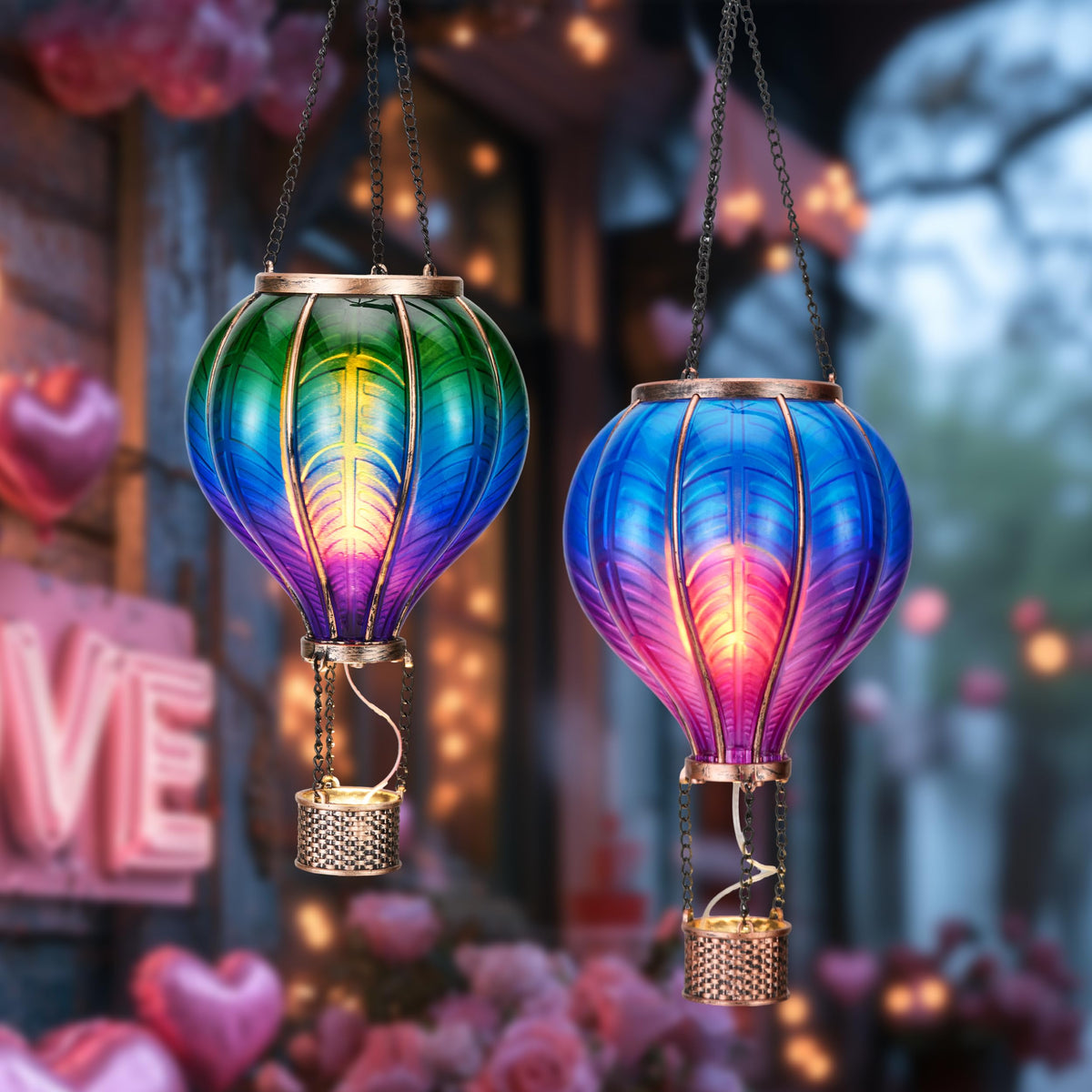 TERESA'S COLLECTIONS 2-pack hanging solar lanterns illuminate outdoor patios at night