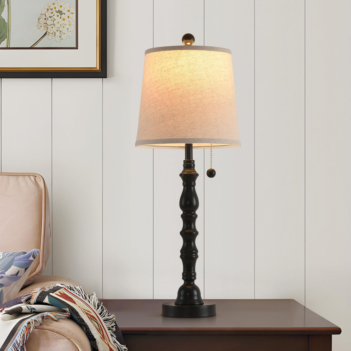 Terpsichore lamp closeup shows fabric shade for soft, cozy lighting