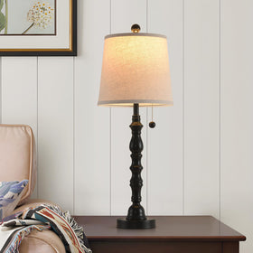 Terpsichore lamp closeup shows fabric shade for soft, cozy lighting
