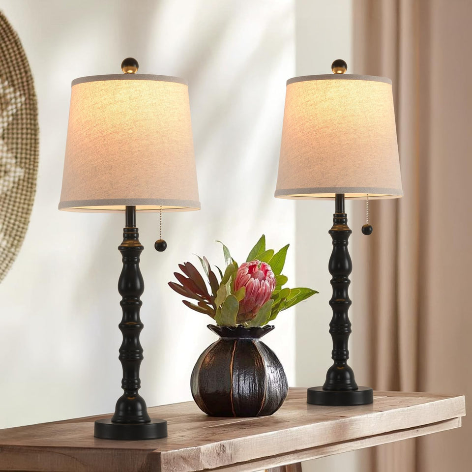 Terpsichore lamps set 2 in black with fabric shade illuminate living rooms with warm ambiance