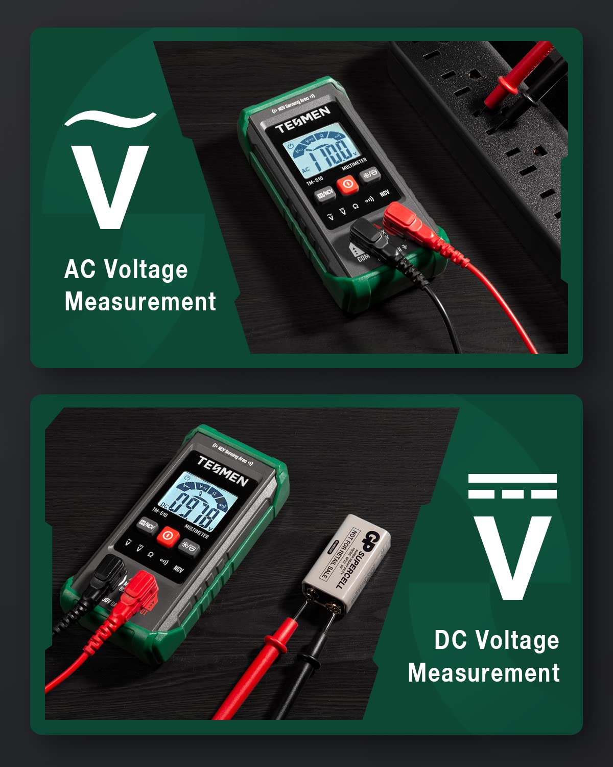 TESMEN TM-510 includes test leads, pouch, and batteries for ready use.