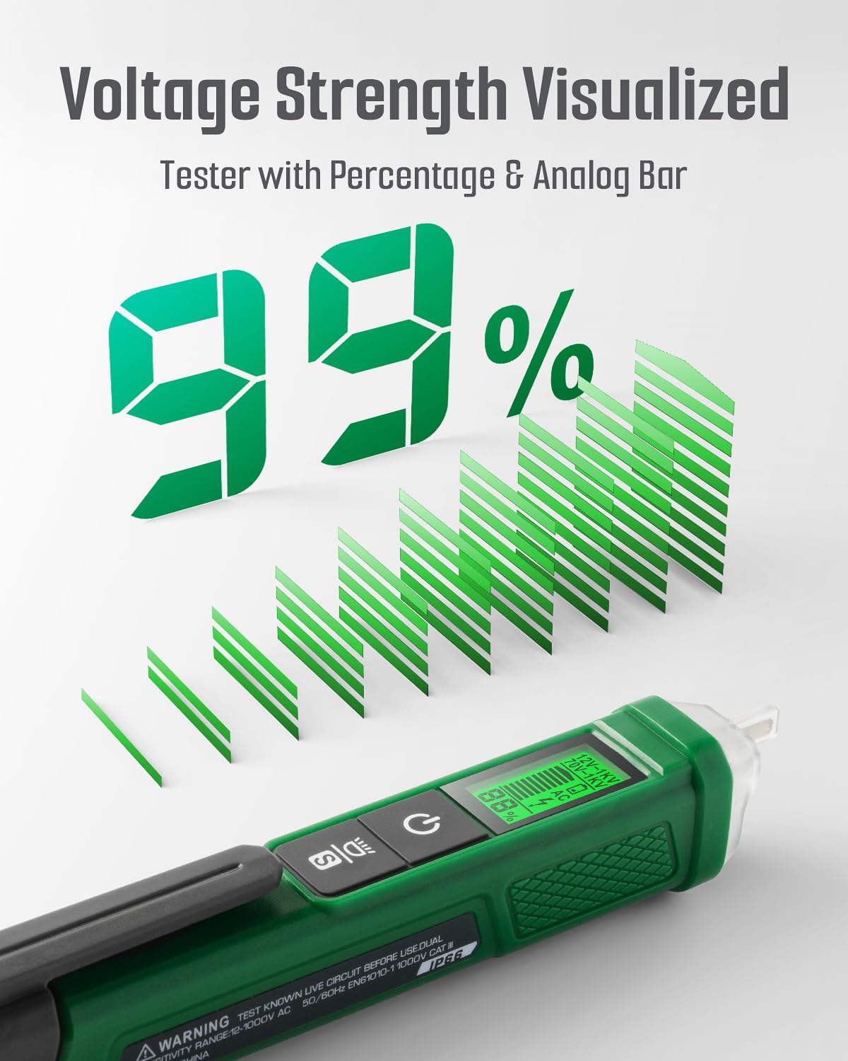 TESMEN TN-213 LCD display highlights voltage percentage and bar graphs for clarity