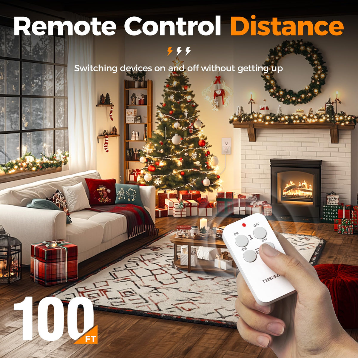 TESSAN 100ft RF range signals through walls for easy room-wide control.