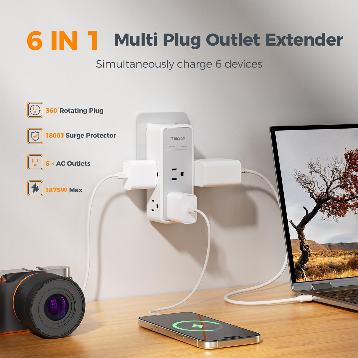TESSAN 1800J surge protector guards connected devices against power spikes.