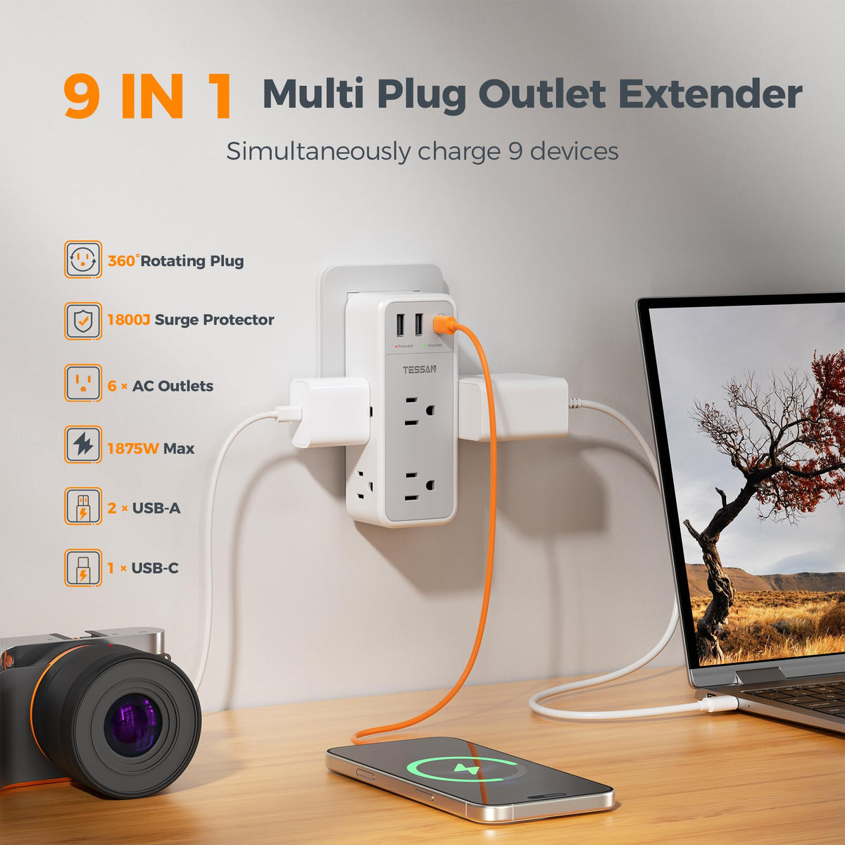 TESSAN 1800J surge protector guards devices from surges.