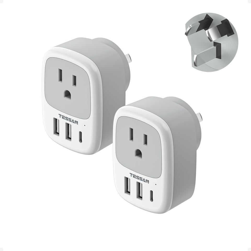 TESSAN 2-pack New Zealand power adapter with outlet and USB ports for travel