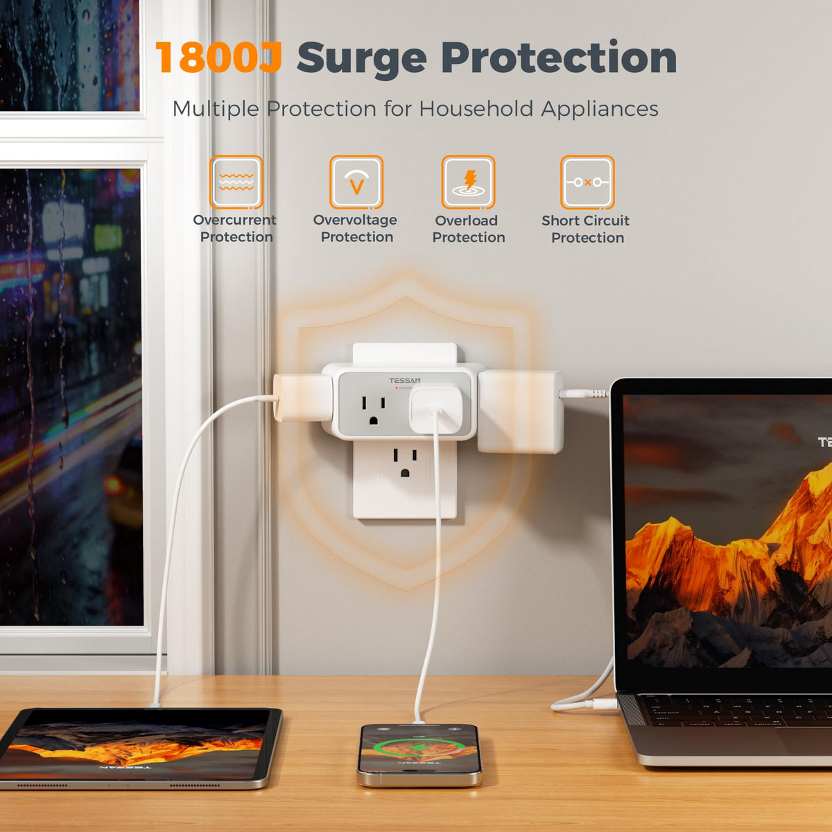 TESSAN 3-sided wall adapter enables space between plugs for large adapters.