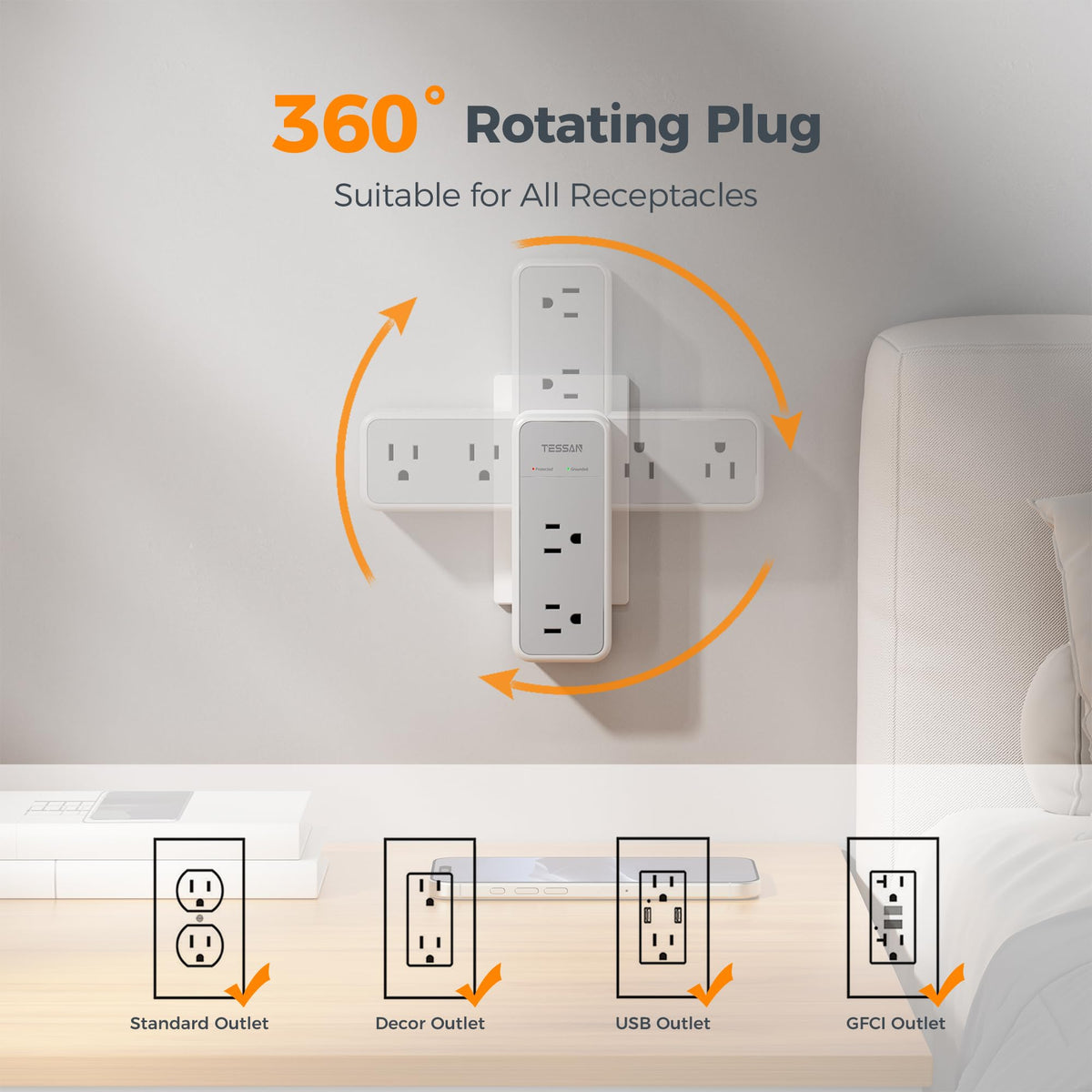 TESSAN 360-degree rotating plug shows adaptable orientation for tight sockets.
