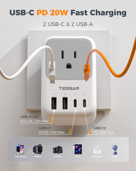 TESSAN 4 AC outlets plus USB-C and USB-A ports support multiple devices simultaneously.