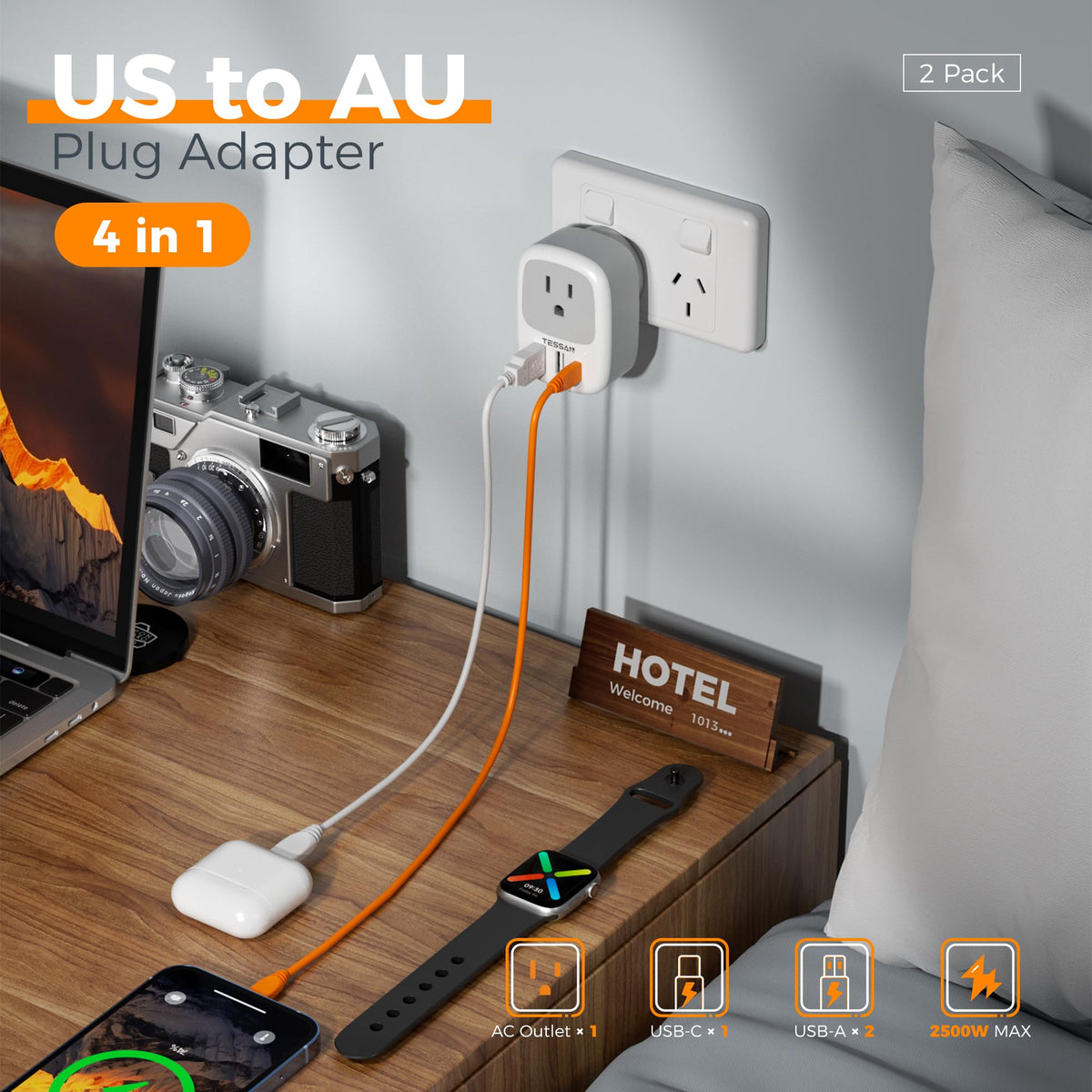 TESSAN 4-in-1 Australia plug adapter delivers 2500W max for multiple devices