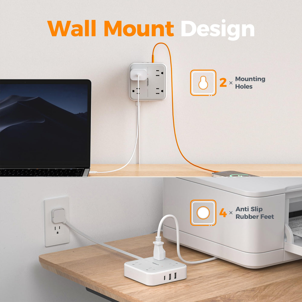 TESSAN 45-degree right-angle plug frees space for adjacent outlets