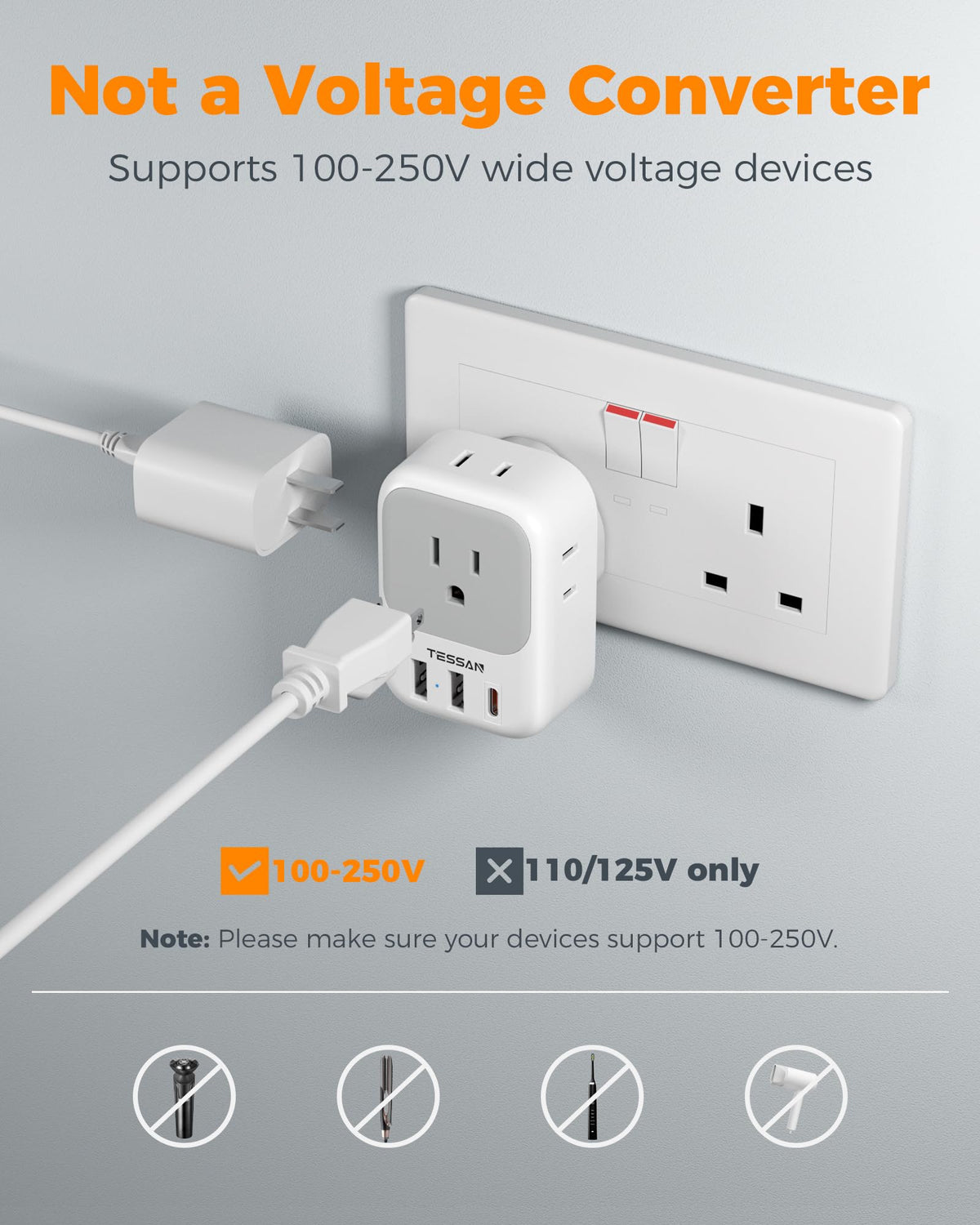 TESSAN 7-device charging capability demonstrated by multiple connected devices using the adapter.