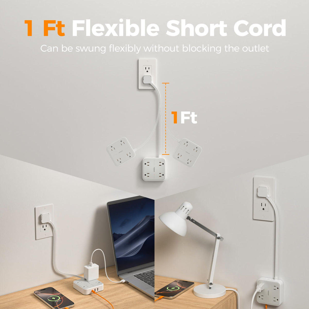 TESSAN 7-in-1 flat power strip with outlets and USB ports for versatile charging